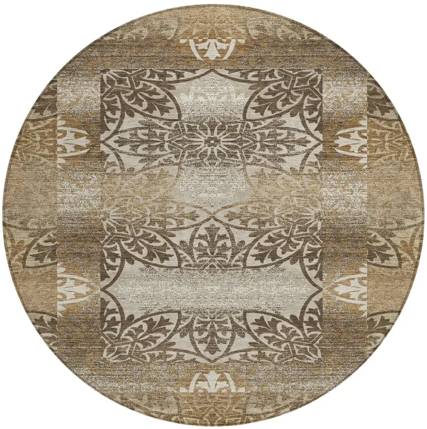 8' Brown And Beige Round Oriental Washable Indoor Outdoor Area Rug Photo 1