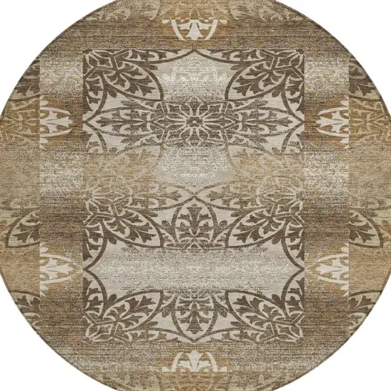 8' Brown And Beige Round Oriental Washable Indoor Outdoor Area Rug Photo 3