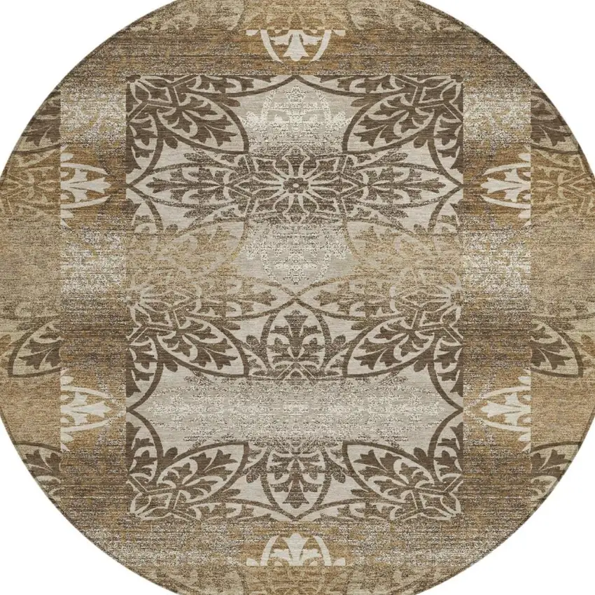 8' Brown And Beige Round Oriental Washable Indoor Outdoor Area Rug Photo 3