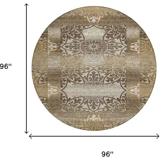 8' Brown And Beige Round Oriental Washable Indoor Outdoor Area Rug Photo 6