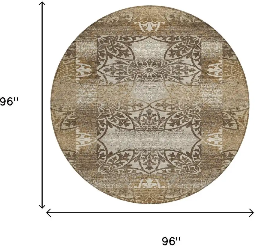 8' Brown And Beige Round Oriental Washable Indoor Outdoor Area Rug Photo 6