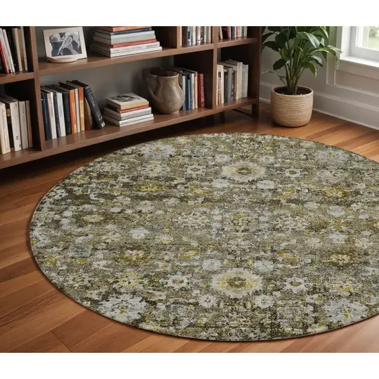 8' Brown And Beige Round Oriental Washable Indoor Outdoor Area Rug Photo 8
