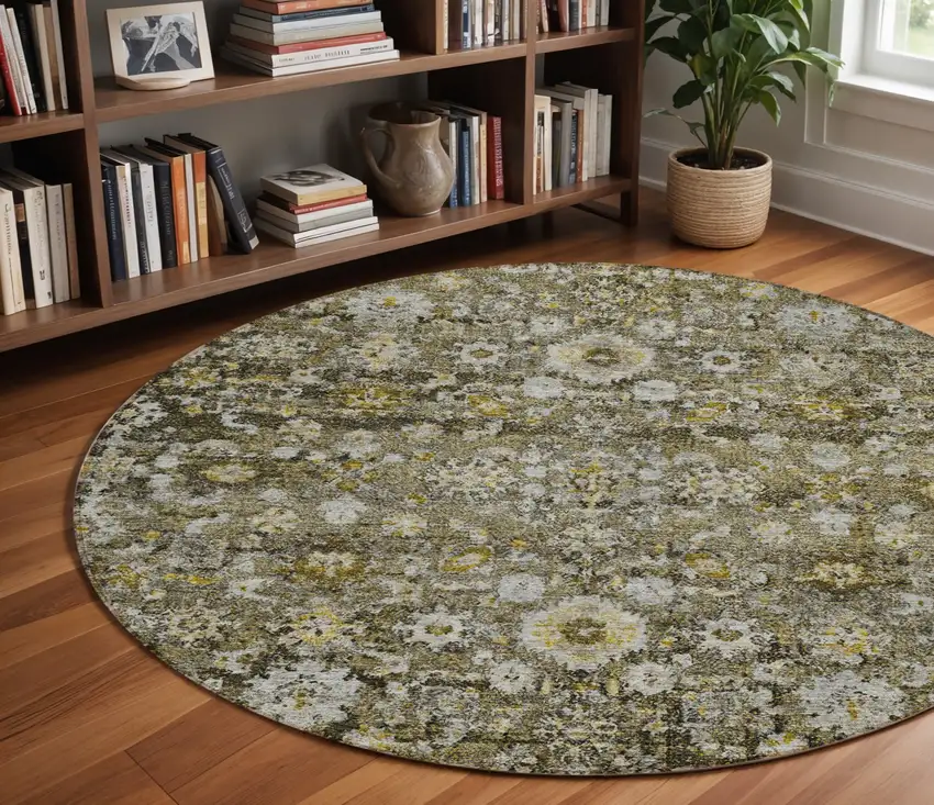 8' Brown And Beige Round Oriental Washable Indoor Outdoor Area Rug Photo 8