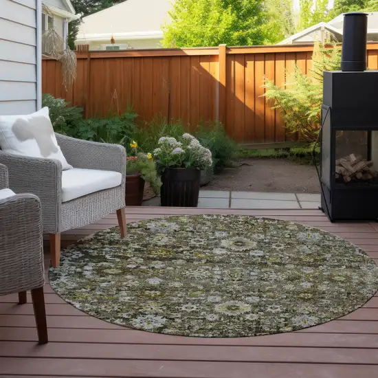8' Brown And Beige Round Oriental Washable Indoor Outdoor Area Rug Photo 6