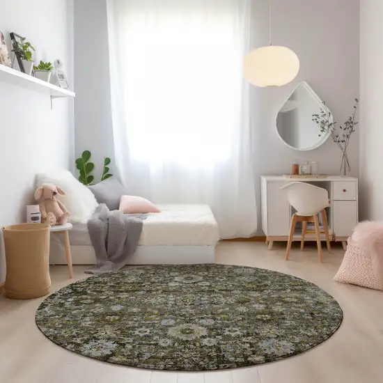 8' Brown And Beige Round Oriental Washable Indoor Outdoor Area Rug Photo 7