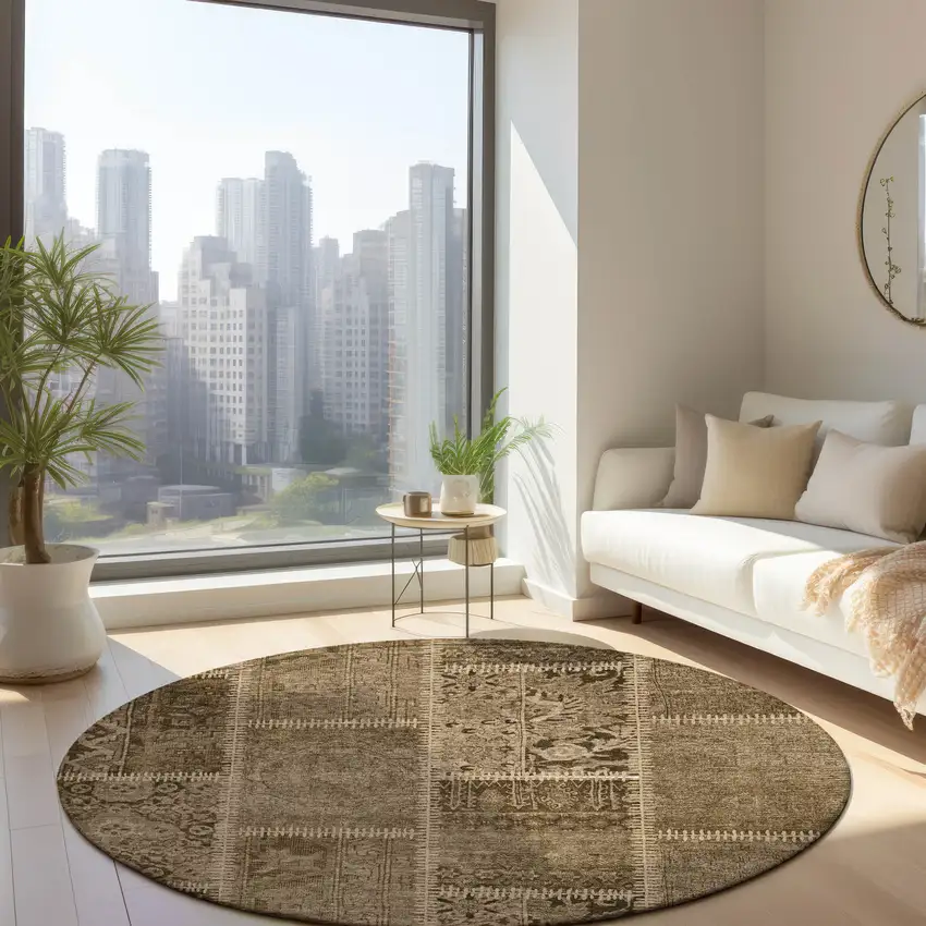 8' Brown And Beige Round Patchwork Washable Indoor Outdoor Area Rug Photo 7