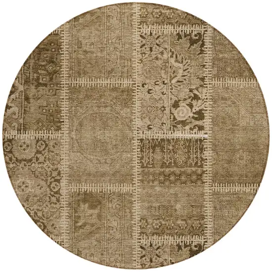 8' Brown And Beige Round Patchwork Washable Indoor Outdoor Area Rug Photo 5