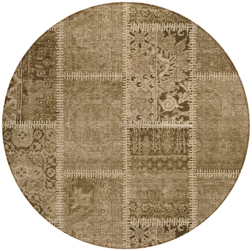 8' Brown And Beige Round Patchwork Washable Indoor Outdoor Area Rug Photo 5
