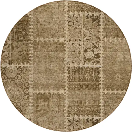 8' Brown And Beige Round Patchwork Washable Indoor Outdoor Area Rug Photo 1