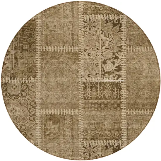 8' Brown And Beige Round Patchwork Washable Indoor Outdoor Area Rug Photo 1
