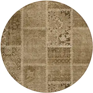 Photo of 8' Brown And Beige Round Patchwork Washable Indoor Outdoor Area Rug