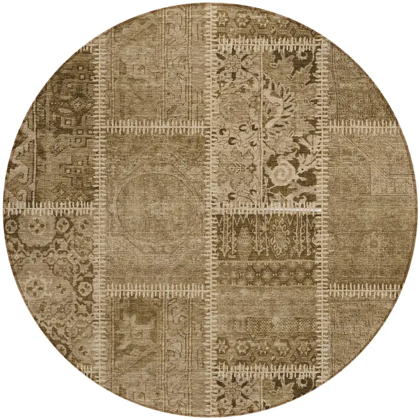 8' Brown And Beige Round Patchwork Washable Indoor Outdoor Area Rug Photo 1