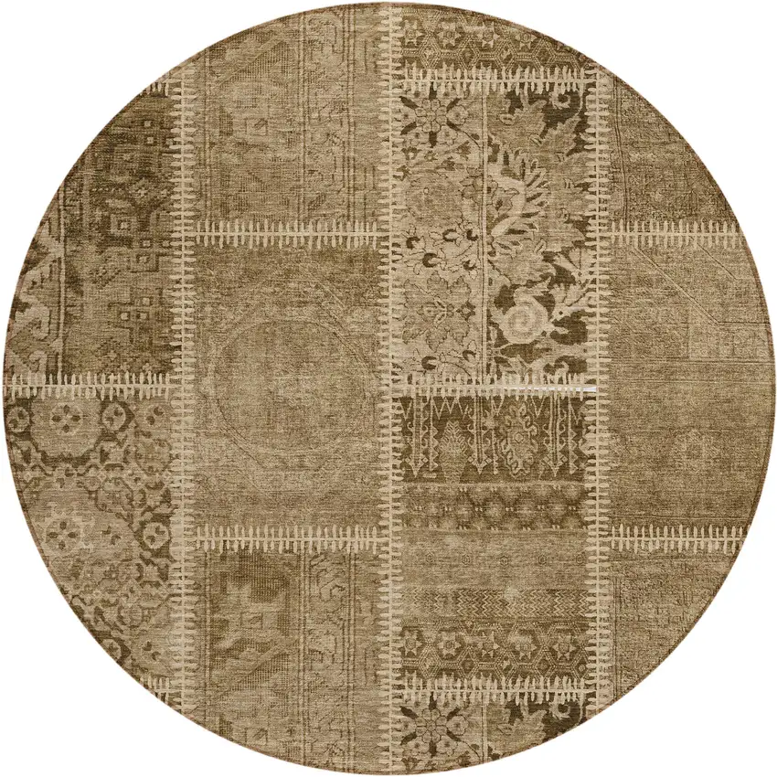 8' Brown And Beige Round Patchwork Washable Indoor Outdoor Area Rug Photo 1