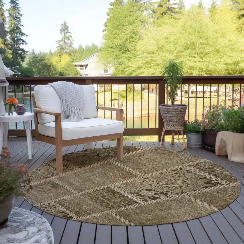 8' Brown And Beige Round Patchwork Washable Indoor Outdoor Area Rug Photo 6