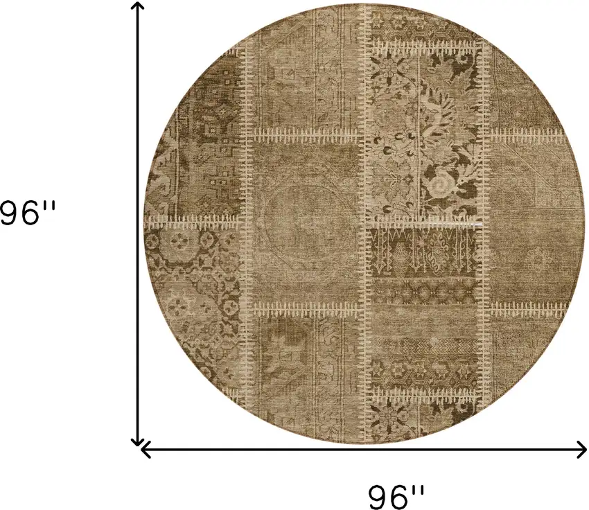 8' Brown And Beige Round Patchwork Washable Indoor Outdoor Area Rug Photo 8