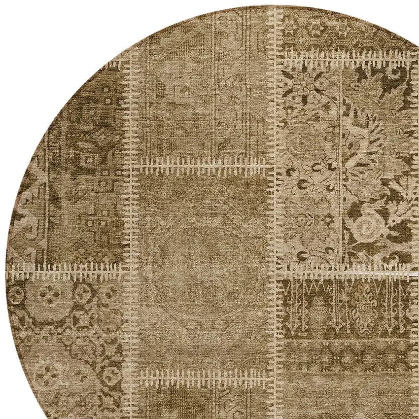 8' Brown And Beige Round Patchwork Washable Indoor Outdoor Area Rug Photo 4