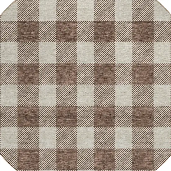 8' Brown And Beige Round Plaid Washable Indoor Outdoor Area Rug Photo 4