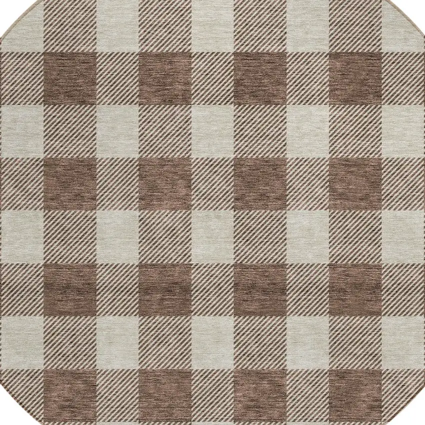 8' Brown And Beige Round Plaid Washable Indoor Outdoor Area Rug Photo 4