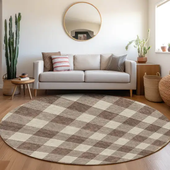 8' Brown And Beige Round Plaid Washable Indoor Outdoor Area Rug Photo 7