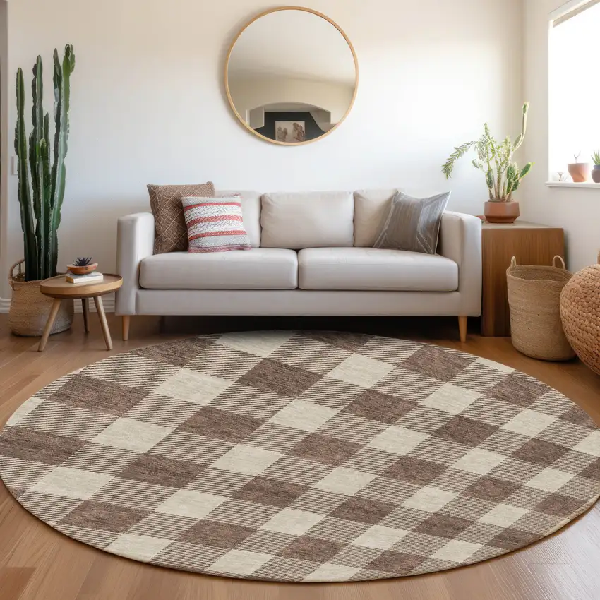 8' Brown And Beige Round Plaid Washable Indoor Outdoor Area Rug Photo 7