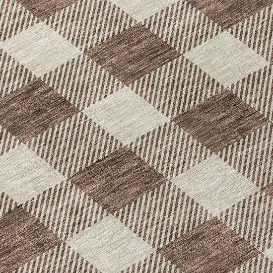 8' Brown And Beige Round Plaid Washable Indoor Outdoor Area Rug Photo 8