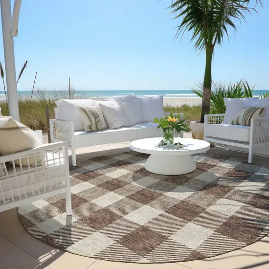 8' Brown And Beige Round Plaid Washable Indoor Outdoor Area Rug Photo 6