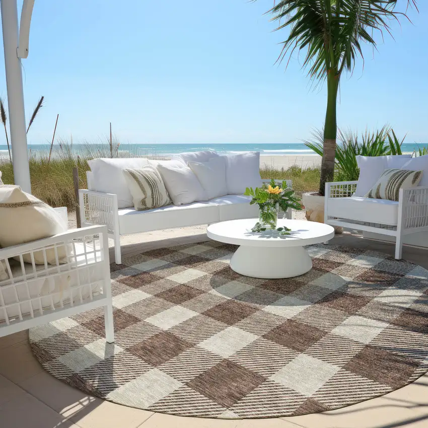 8' Brown And Beige Round Plaid Washable Indoor Outdoor Area Rug Photo 6