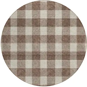 Photo of 8' Brown And Beige Round Plaid Washable Indoor Outdoor Area Rug