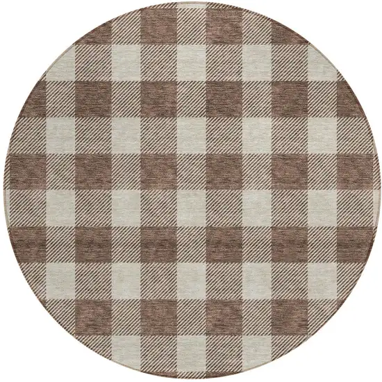 8' Brown And Beige Round Plaid Washable Indoor Outdoor Area Rug Photo 5