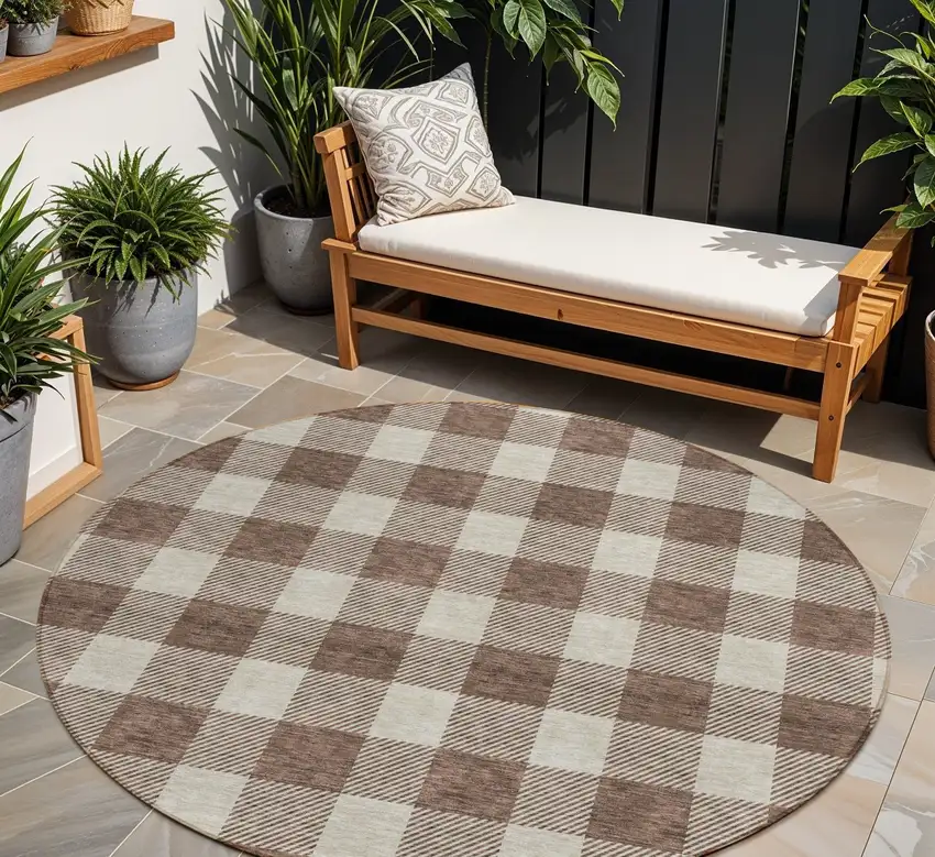 8' Brown And Beige Round Plaid Washable Indoor Outdoor Area Rug Photo 1