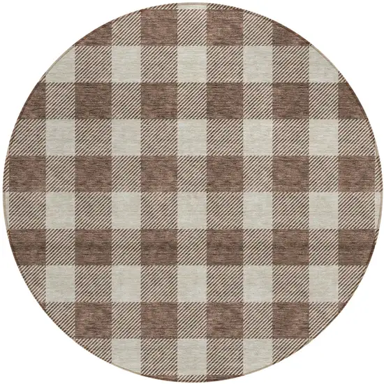 8' Brown And Beige Round Plaid Washable Indoor Outdoor Area Rug Photo 2