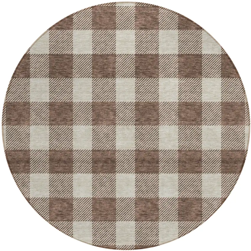 8' Brown And Beige Round Plaid Washable Indoor Outdoor Area Rug Photo 2