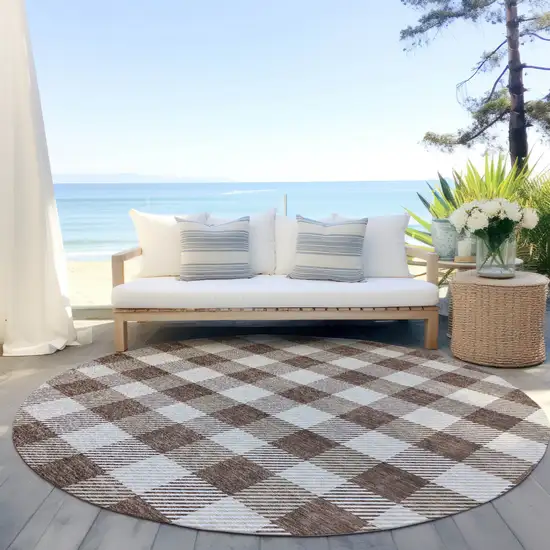 8' Brown And Beige Round Plaid Washable Indoor Outdoor Area Rug Photo 6