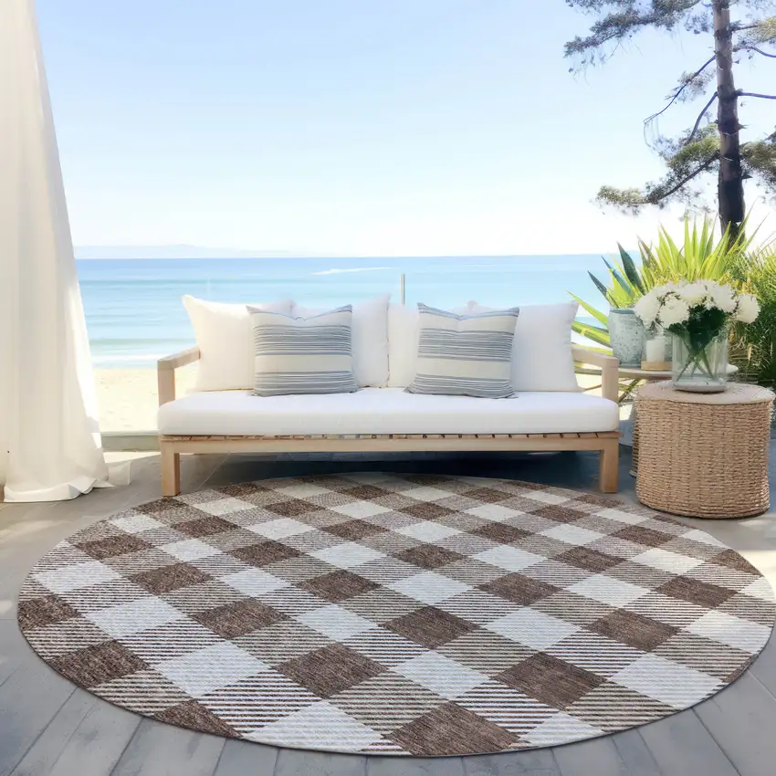 8' Brown And Beige Round Plaid Washable Indoor Outdoor Area Rug Photo 6
