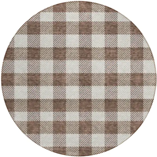 8' Brown And Beige Round Plaid Washable Indoor Outdoor Area Rug Photo 2