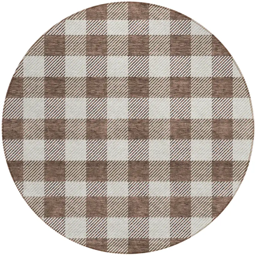 8' Brown And Beige Round Plaid Washable Indoor Outdoor Area Rug Photo 2