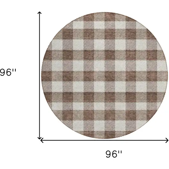 8' Brown And Beige Round Plaid Washable Indoor Outdoor Area Rug Photo 3