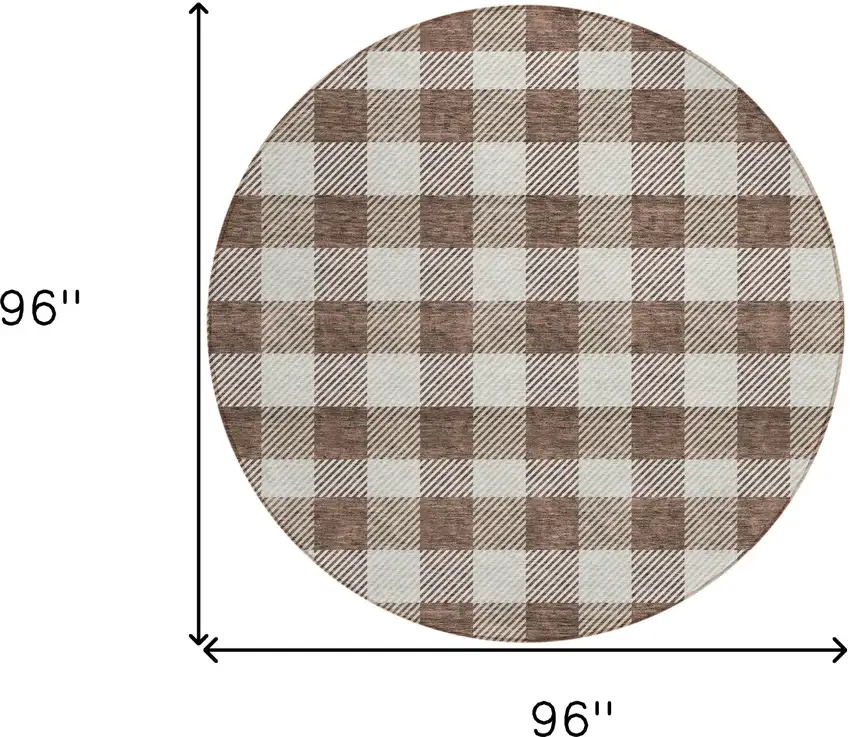 8' Brown And Beige Round Plaid Washable Indoor Outdoor Area Rug Photo 3