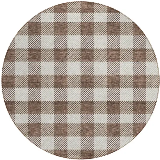 8' Brown And Beige Round Plaid Washable Indoor Outdoor Area Rug Photo 5