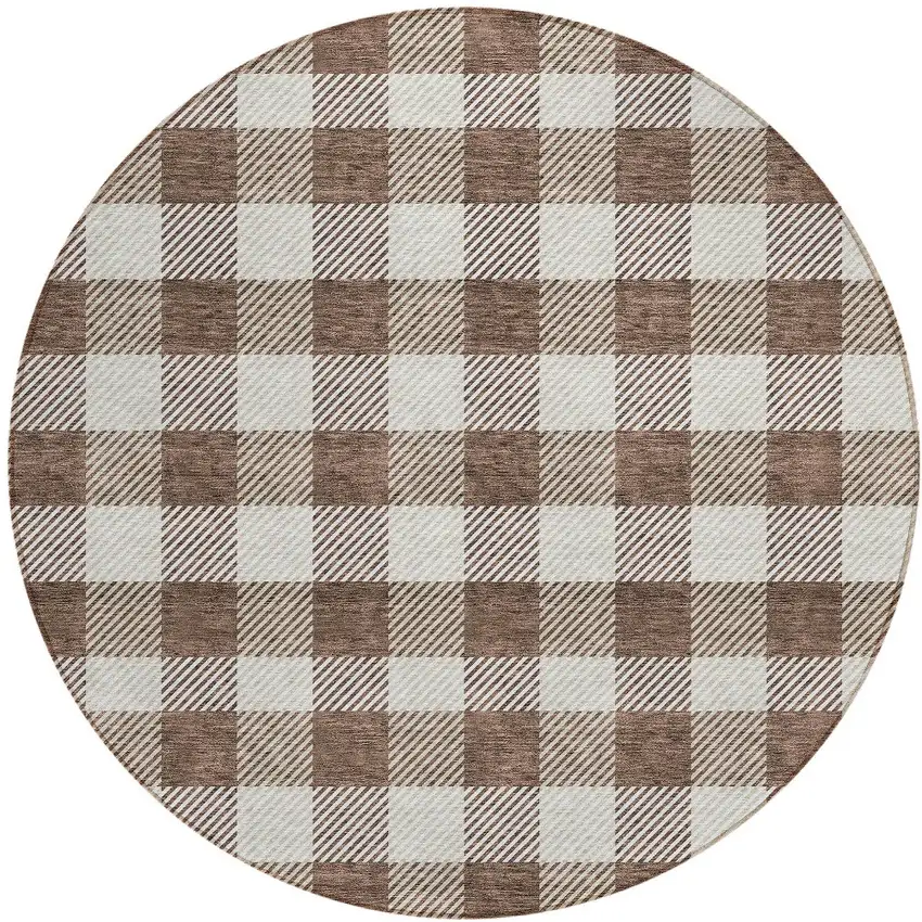 8' Brown And Beige Round Plaid Washable Indoor Outdoor Area Rug Photo 5