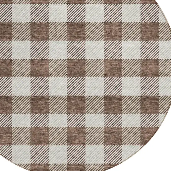 8' Brown And Beige Round Plaid Washable Indoor Outdoor Area Rug Photo 4