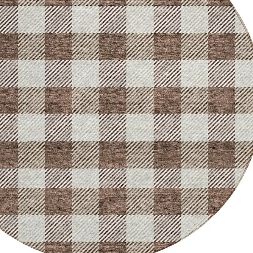 8' Brown And Beige Round Plaid Washable Indoor Outdoor Area Rug Photo 4