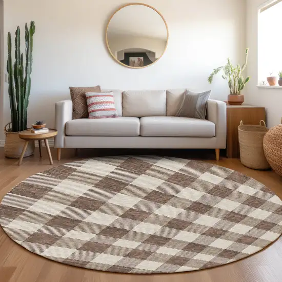 8' Brown And Beige Round Plaid Washable Indoor Outdoor Area Rug Photo 7
