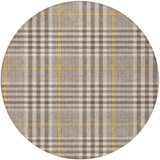 8' Brown And Beige Round Plaid Washable Indoor Outdoor Area Rug Photo 6