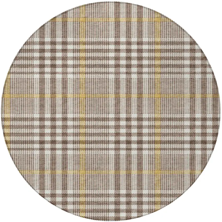 8' Brown And Beige Round Plaid Washable Indoor Outdoor Area Rug Photo 6