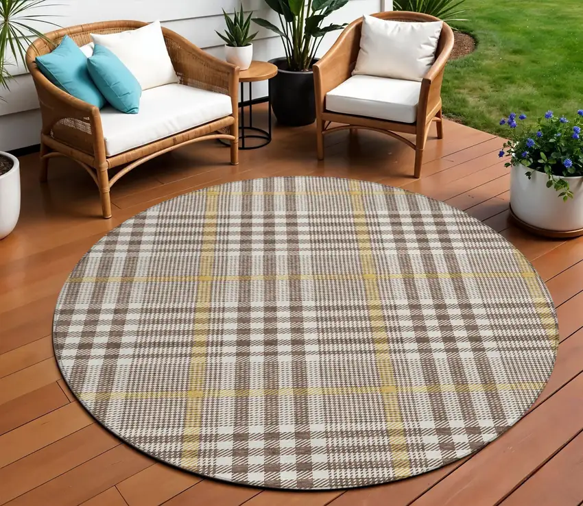 8' Brown And Beige Round Plaid Washable Indoor Outdoor Area Rug Photo 1