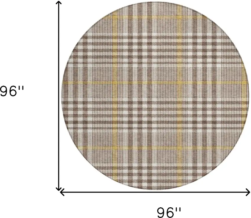 8' Brown And Beige Round Plaid Washable Indoor Outdoor Area Rug Photo 9