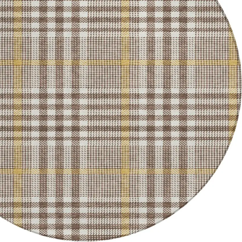 8' Brown And Beige Round Plaid Washable Indoor Outdoor Area Rug Photo 5