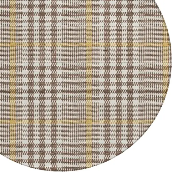 8' Brown And Beige Round Plaid Washable Indoor Outdoor Area Rug Photo 5