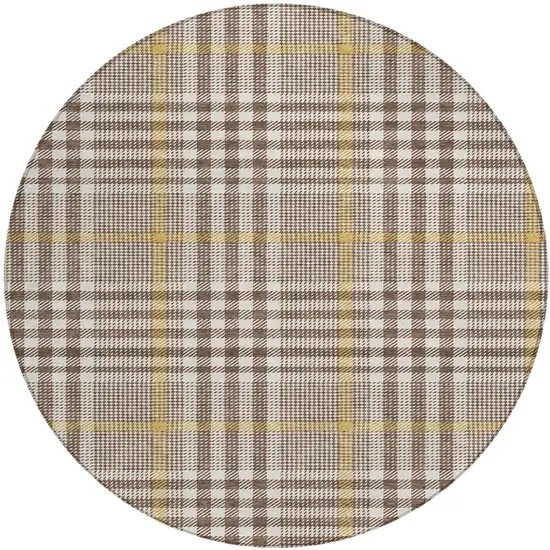 8' Brown And Beige Round Plaid Washable Indoor Outdoor Area Rug Photo 2
